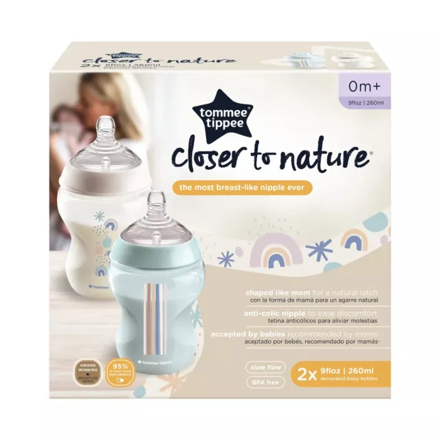 Biberones para bebé Tommee Tippee Closer to Nature tetina parecida a pecho 2 x 260 ml NUEVO VALOR