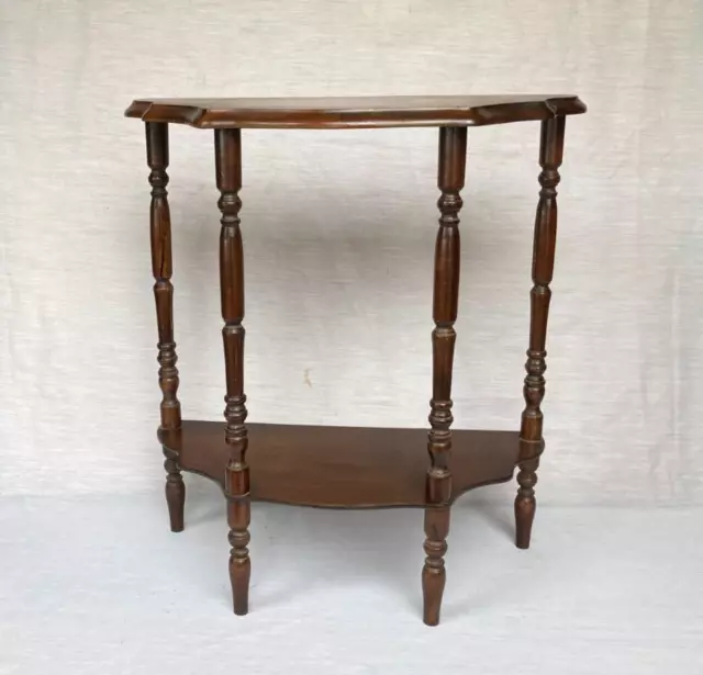 Vintage Antique Half Moon Walnut Wood Side Table with Shelf and Scalloped Edge
