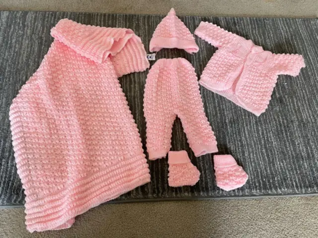 Crochet Baby Blanket and Hat Newborn Outfit Set Mittens Pants Sweater Pink