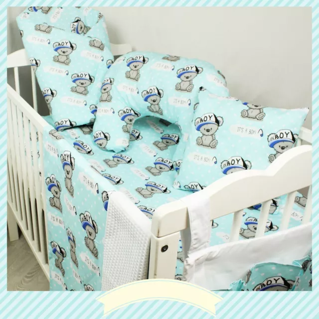 2 -10 pc bedding set nursery baby cotton for cot bed teddy bear aqua blue boy