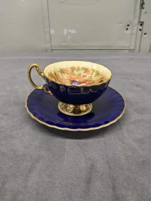 Vtg Aynsley Cobalt Blue Orchard Fruit Gold Ribbed Footed Tea Cup & Saucer