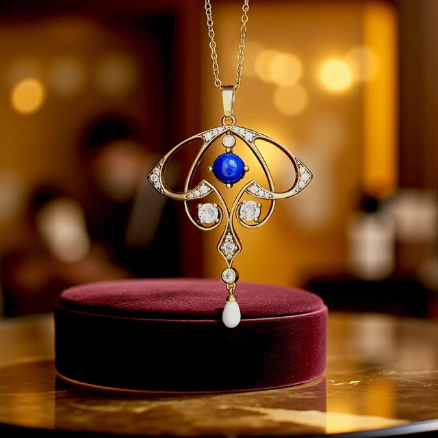 Collier Pendentif Doré Vieilli - Goutte En Corail Agate Rose - Style Art Nouveau - Neuf Sans Emballage