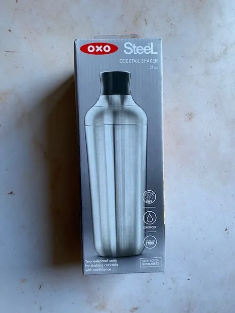 OXO Steel 24 Oz Single-Wall Cocktail Drink Shaker With Strainer And Jigger NEW