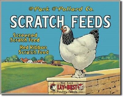 Scratch Feed Chicken Farm Rooster Kitchen Wall Decor Farming Tin Metal Sign New