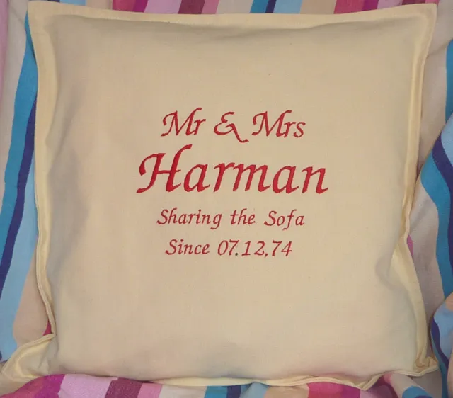 Mr & Mrs...Sharing the Sofa Personalised Embroidered Wedding anniversary cushion