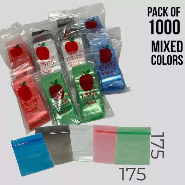 1000 APPLE BRAND 2mil ZIPLOCK BAGS baggies 175x175 , 2x2 colors