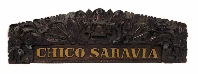 Chico Saravia Dark Carved Wood Sign Plaque Barong Rangda King Spirits Mask Flora