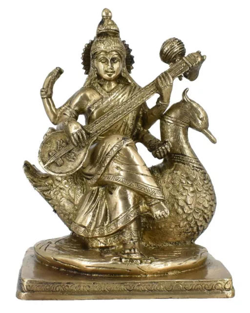 Whitewhale Brass Goddess Saraswati Sitting On Swan Statue Idol Home Decor