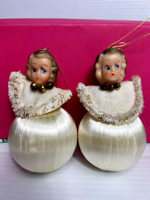 2 Vtg Japan Tag Christmas Ornament Angel Head White Satin Ball Mercury Beads MCM