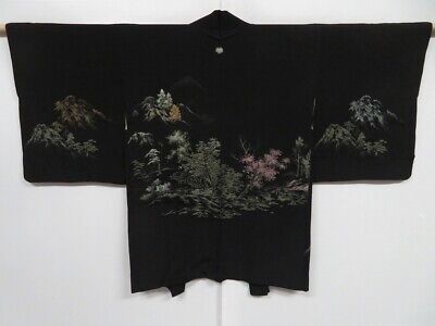 0728i08z510 Vintage Japanese Kimono Silk HAORI Black Scenery