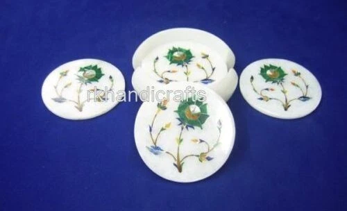 11.4cm Marbre Thé dessous de Verre Set Malachite Pierre Inlay Travail Champagne