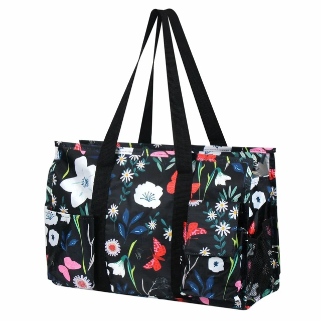 Butterfly Garden Floral Zip Top Utility Tote Beach Diaper Bag 7 Pocket Organizer