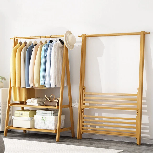 Folding Bamboo Wooden Clothes Rail Rack Garment Hanging Stand Shoe Storage Shelf