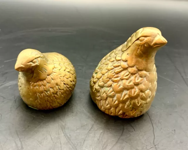 Set of 2 Brass Quail Bird Partridge Figurines Paperweights Vintage