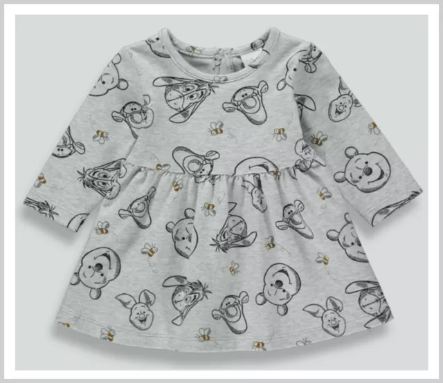 Disney Baby Girls Winnie The Pooh Character Dress Grey Long Sleeved 6-12 Mth NEW