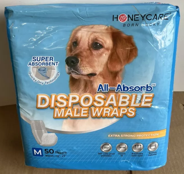 NEW Honeycare All-Absorb Male Dog Wrap Diaper White Medium Pack of 50 18-25”