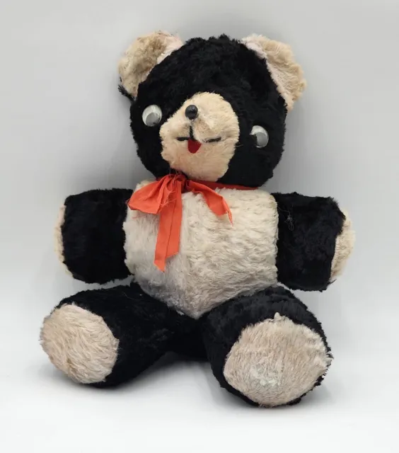 Vintage Mohair Googly Eyes Teddy Bear Black and White Plush Stuffed Animal Panda