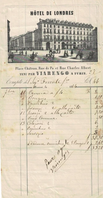 Fattura illustrata albergo HOTEL DE LONDRES Torino rue de Po VIARENGO Turin 1861