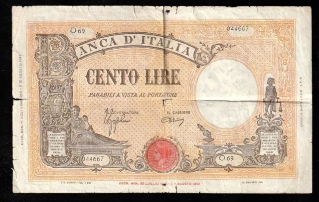 🇮🇹  ITALY BANCA D'ITALIA 1944 100 LIRE BANKNOTE,P-67a @LARGE  RARE NOTE !!!