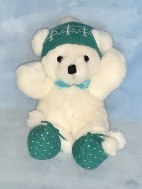 Vtg 1979 Plush White Cuddles Teddy Bear Dakin Green Winter Hat Booties 14" Toy