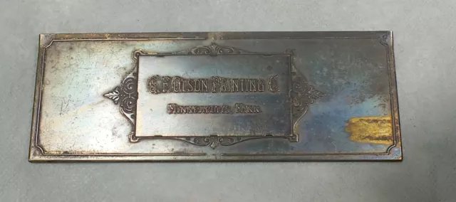 Antique 1919 G.F. OLSON PRINTING Advertising Metal MAIL PLAQUE Cover MINNEAPOLIS
