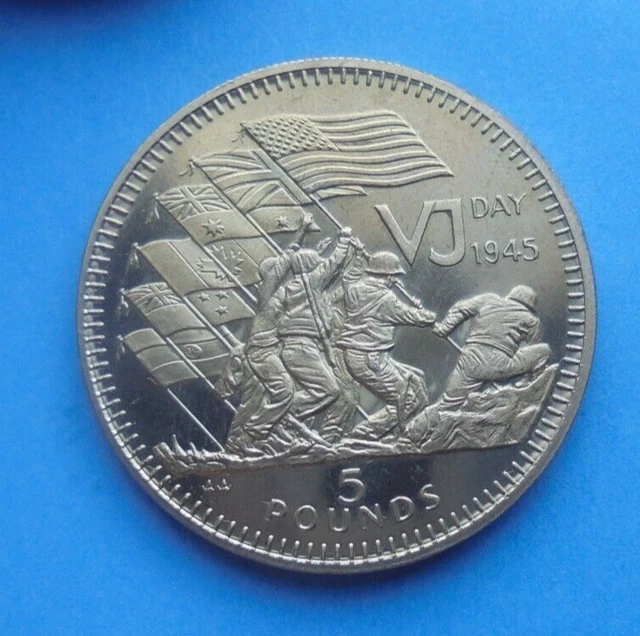 Gibraltar, £5 Five Pounds 1995 AA, VJ Day 1945, Flag Raising, Virenium.