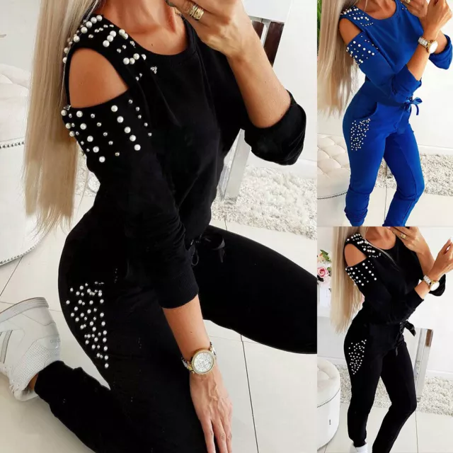 2tlg. Damen Strass Freizeitanzug Sportanzug Jogginganzug Sets Hausanzug Outfits