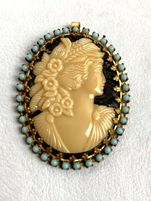 Antique Large Necklace Pendant Cameo Brass Filigree Turquoise Stone Gold Plated