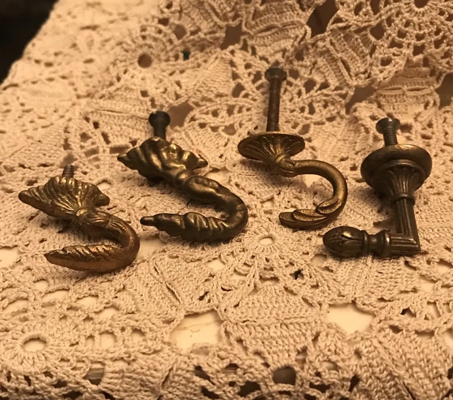 4 French wall hooks Small Antique Solid Brass Curtain Tie Back Victorian Gold 2