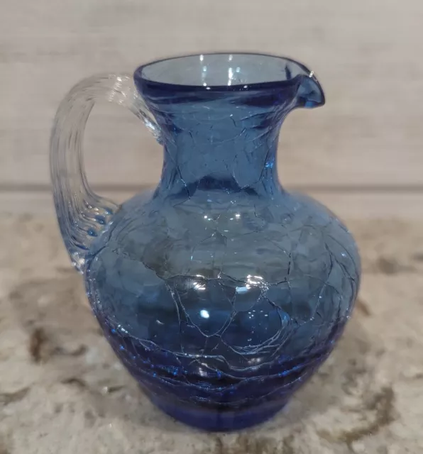 Vintage Cobalt Blue Crackle Glass Pitcher Vase Ribbed Clear Handle Uranium