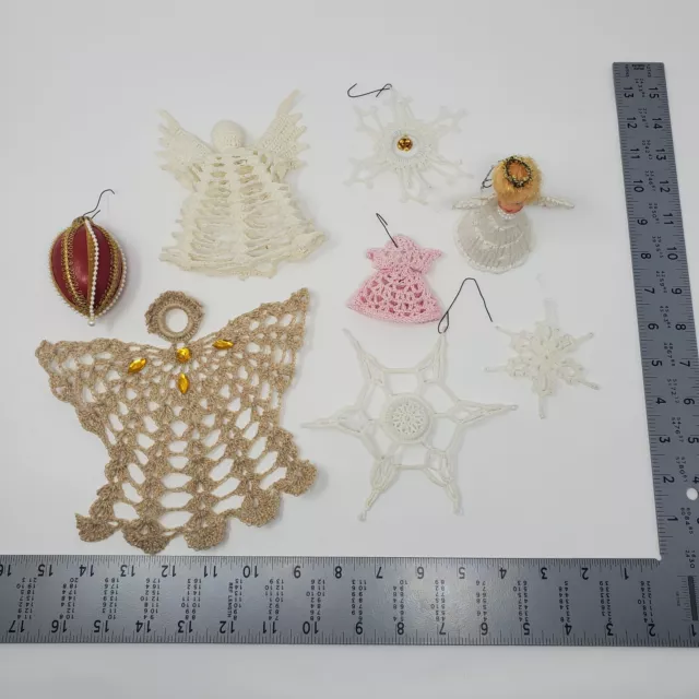 Handmade Christmas Ornaments Lot of 8 Hand Crochet Stiffened Angel Snow Vintage 2