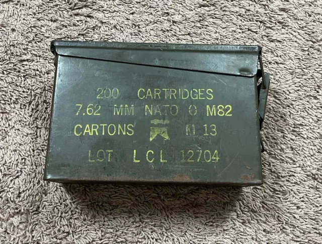 Vintage U.S. Military Ammo Box 200 Cartridges 7.62 MM NATO M82 12704 Metal Case