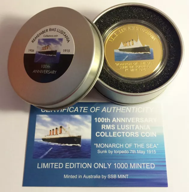 NEW 2015 100th ANN RMS LUSITANIA 1 Oz Coin C.O.A. With Collect's Tin LTD 1,000