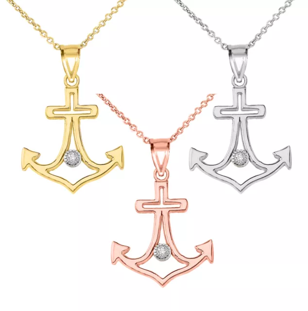 Solid Gold Diamond Cross Anchor Outline Openwork Pendant Necklace