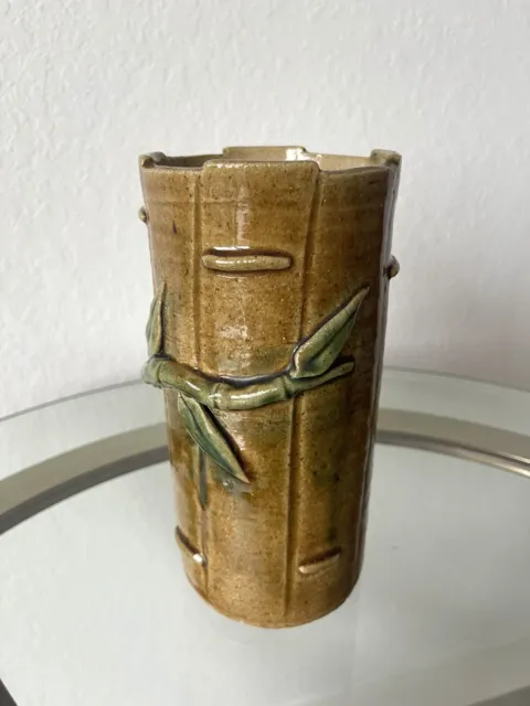 Vintage Green & Brown Bamboo Handmade Pottery  Vase / Planter, 8” Tall