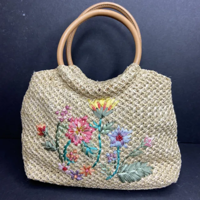 Vintage Woven Straw Raffia Small Purse Bag Colorful Floral Boho Beach Natural