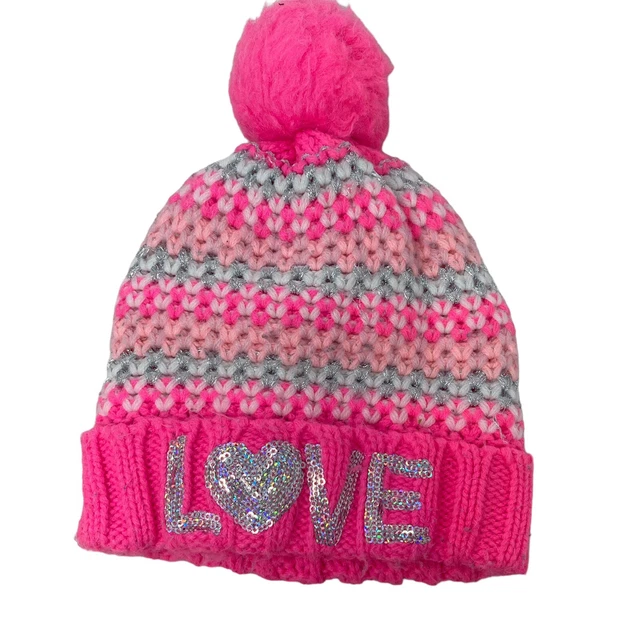 The Chldrens Place Hat Crochet knit Pom Pom Pink Silver Sequins Love Spellout