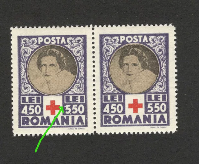ROMANIA-MNH PAIR-ERROR, DOT NEAR NUMBER "5"- RED CROSS - Queen Mother Elena-1945