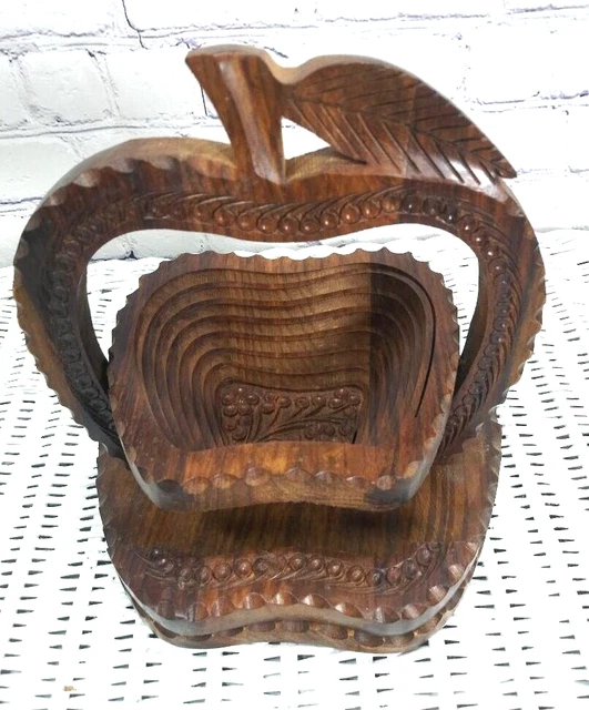 VTG Folding APPLE Collapsible Wooden Basket Bowl 8'' Hand Made Las Vegas, NV..