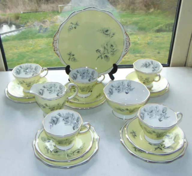 Foley Fine China 18 PC Cups Saucers Plates Black Rose Yellow Ground c1950s