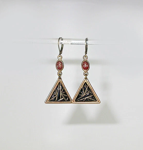 ~Antique EGYPTIAN SCARAB & Pressed BLACK ART DECO Glass PYRAMID DROP EARRINGS!~~