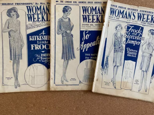 3 x 1929 WOMAN'S WEEKLY MAGAZINES FASHION GOSSIP CROCHET CRAFT STORYS