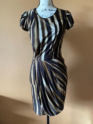 SEA NEW YORK Brown Stripe 100% Silk Drape Short Sleeve Dress Size 0