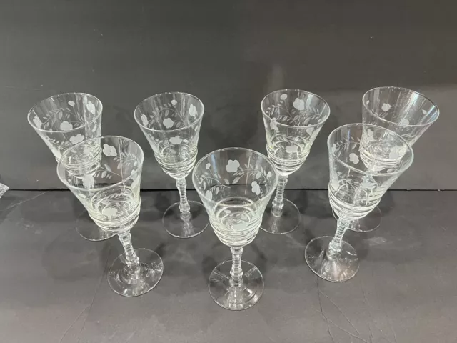 Set Of 7 Vintage Etched Gray Cut Floral Design Wine Glasses Water Goblets