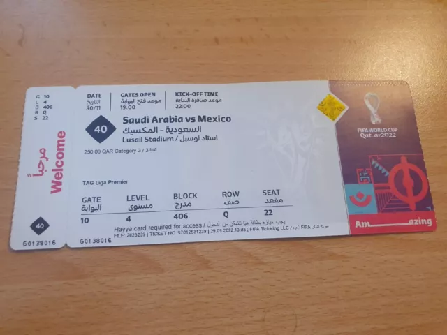 Sammler Used Ticket #40 Mexico : Saudi Arabia FIFA World Cup 2022