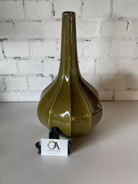 Stunning Large Mid Century Retro Onion Ribbed Shaped Olive Green Vase