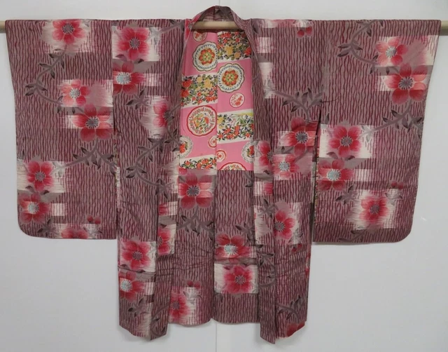 0618i07z540 Vintage Japanese Kimono Silk MEISEN HAORI Light gray Flower