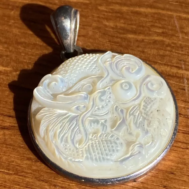 GSJ Mother of Pearl Dragon Sterling Silver Pendant Vintage  Nq