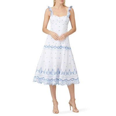 Jonathan Simkhai Dress Womens 10 White Eyelet Blue Embroidered Bustier Cotton