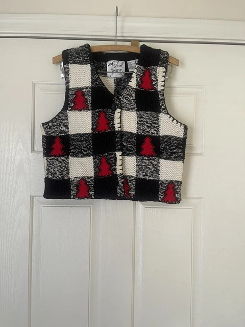 Michael Simon New York Sweater Vest Checkered Red Felt Trees Christmas M Vtg 90s